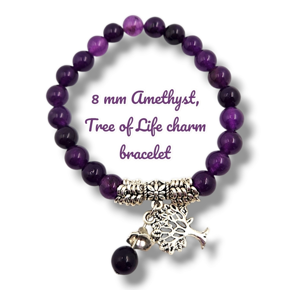 8 mm Amethyst Tree of Life charm bracelet